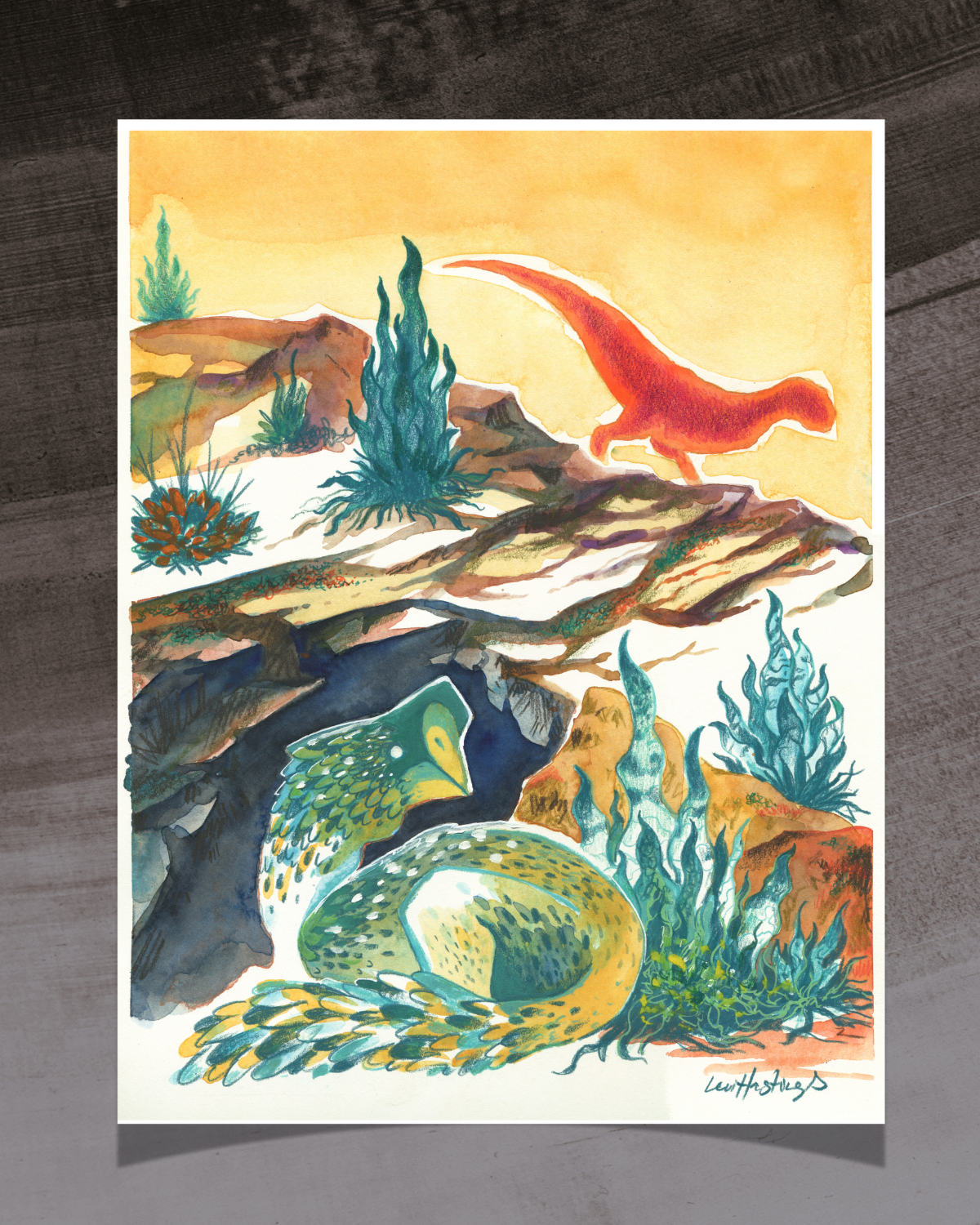 Colorful illustration of dinosaurs in a desert-like setting with plants and rocks.