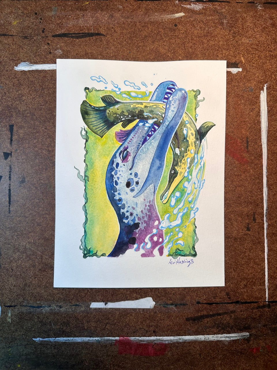 Suchomimus Snack - Original Watercolor Painting