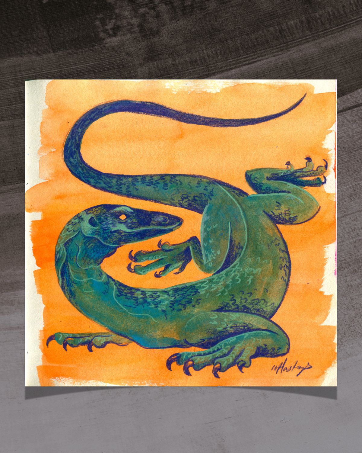 Artistic depiction of a green lizard on an orange background