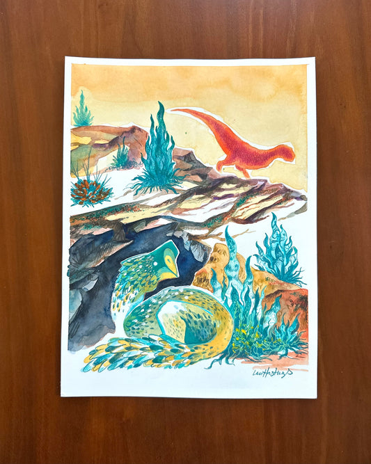 Colorful illustration of dinosaurs in a desert-like setting with plants and rocks.