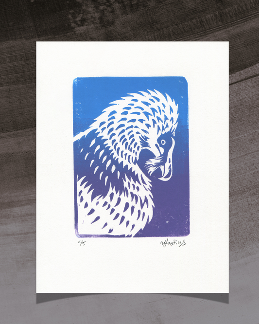 Blue and white bird illustration on a white card with a gray background