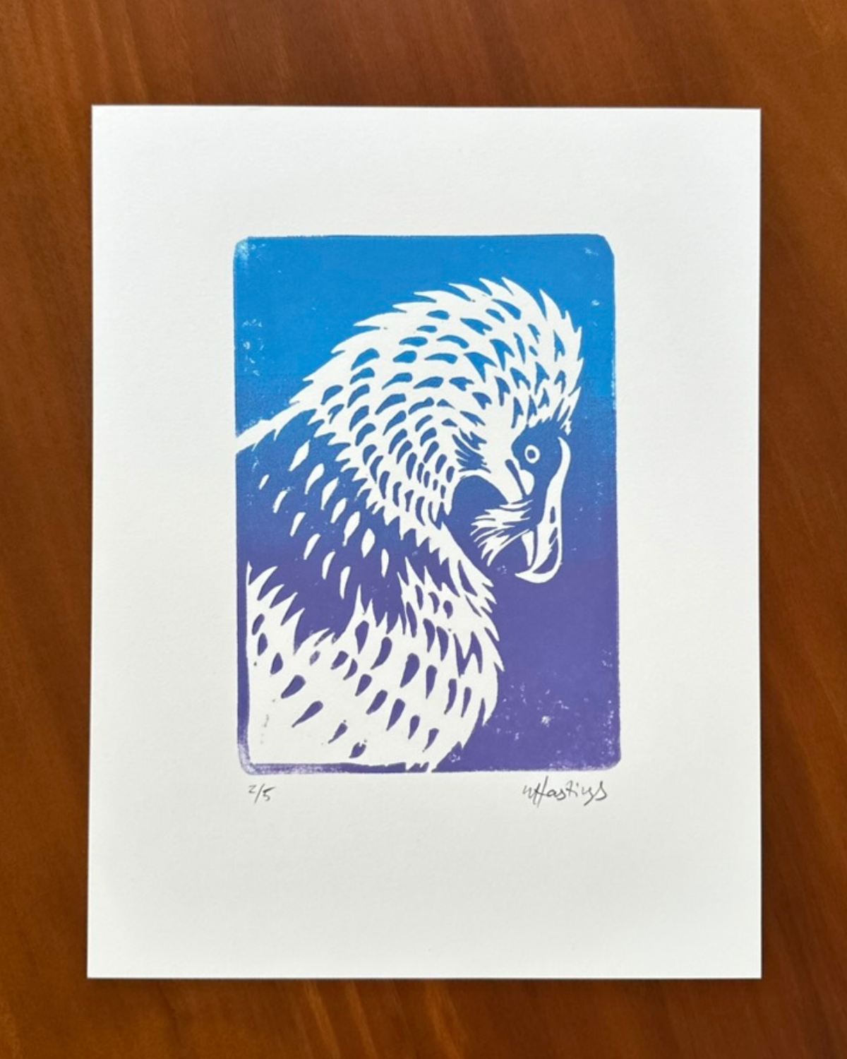 Blue and white linocut print of a bearded vulture on a wooden background