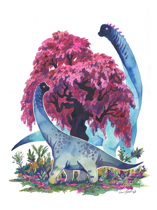 A colorful fine art print of a brachiosaurus standing next to a tree with pink leaves, in a lush setting with various foliage.