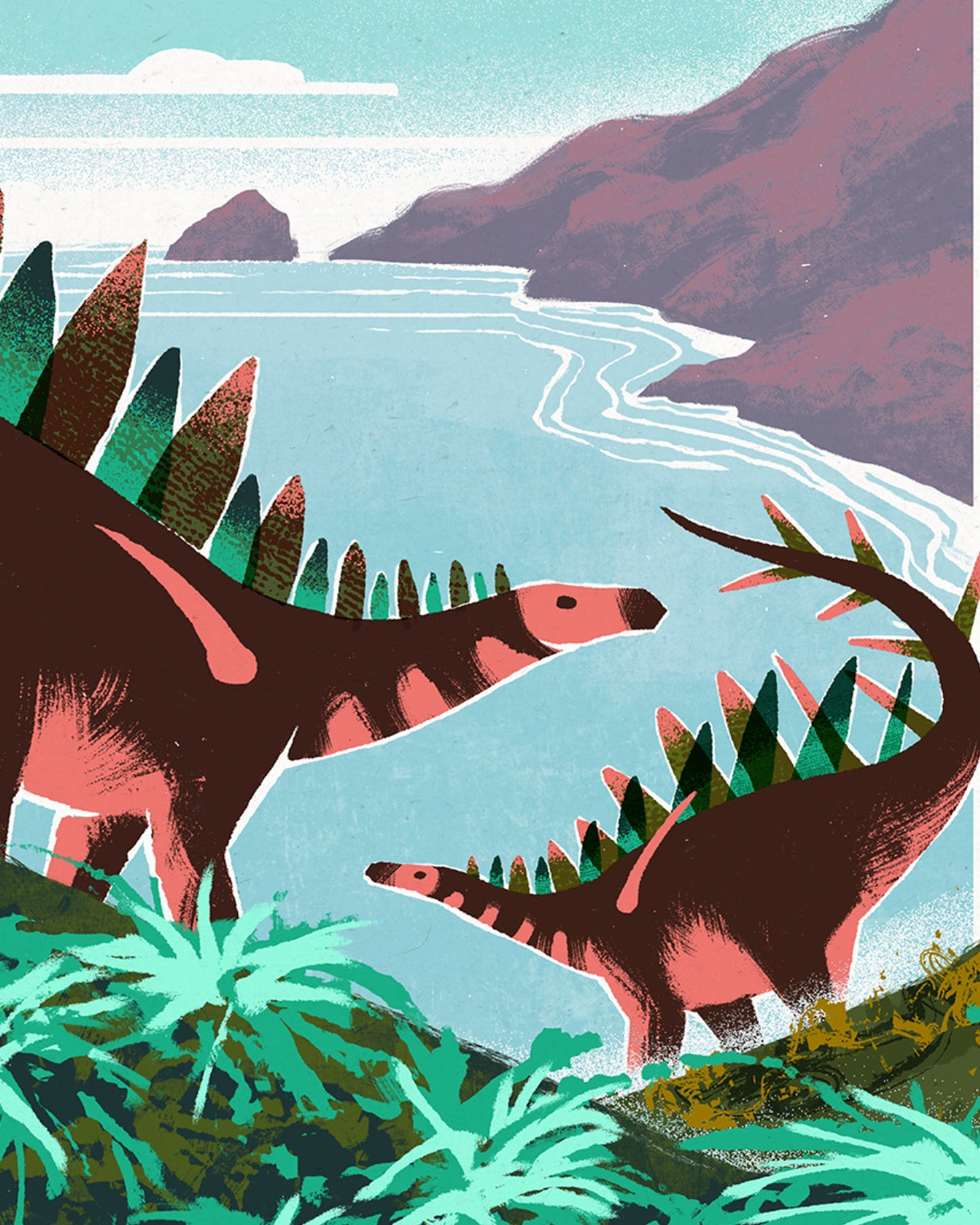 Two dinosaurs by a river with mountains in the background