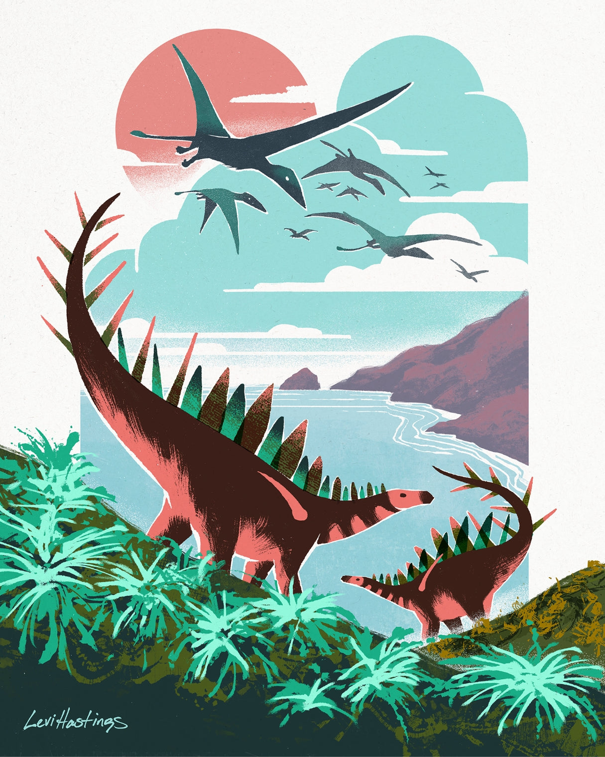 Illustration of dinosaurs in a prehistoric landscape with mountains and sky.