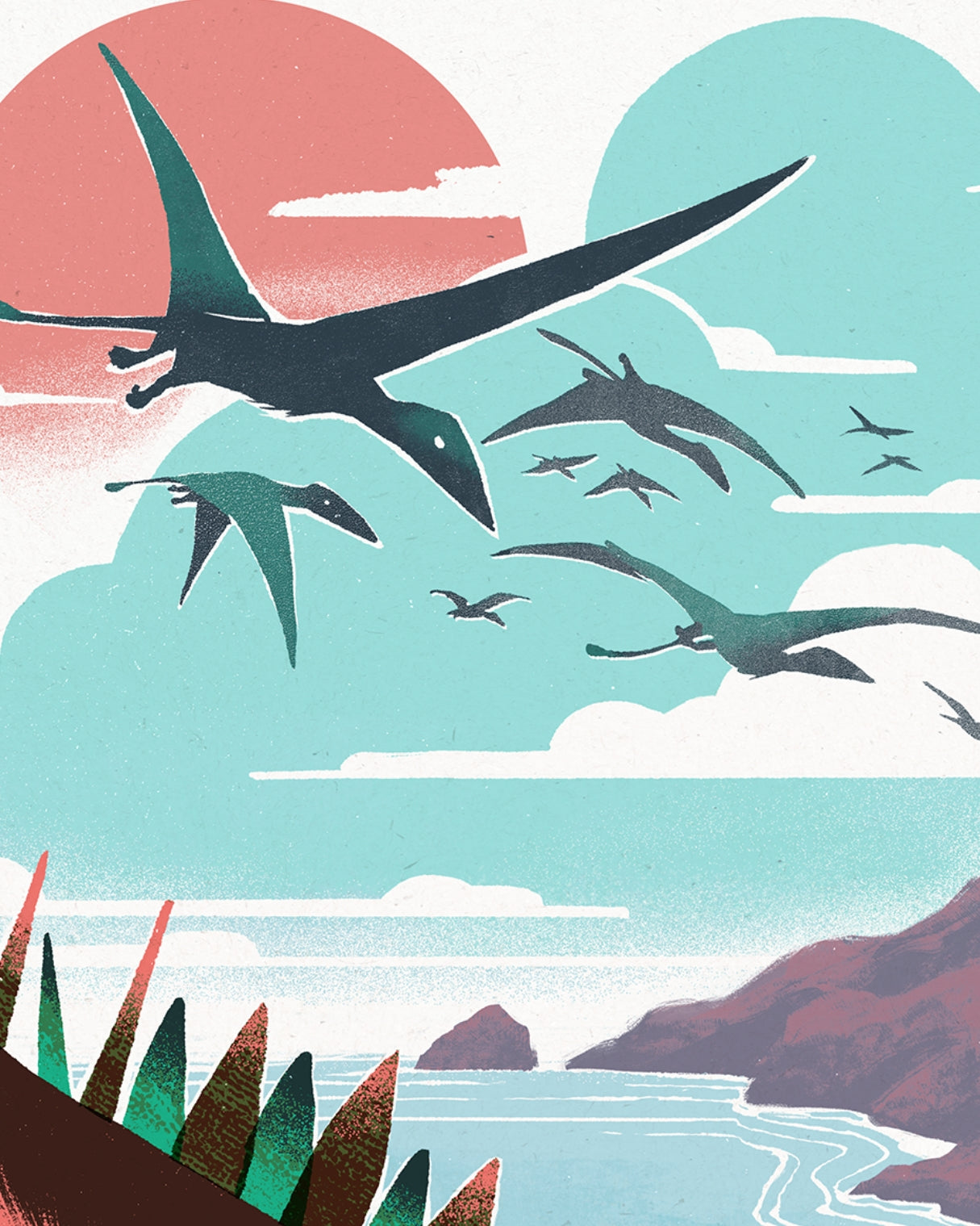 Illustration of pterodactyls flying over a prehistoric landscape with mountains and water.