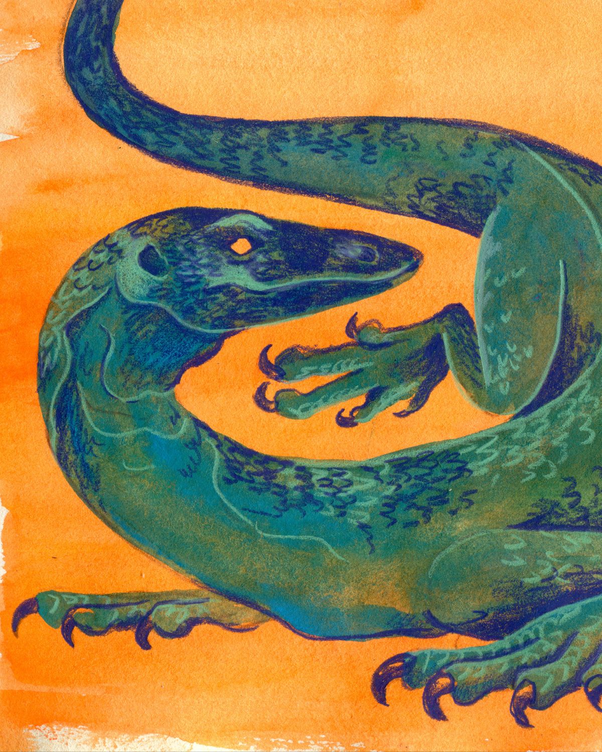 Mixed media painting of a Green lizard on an orange background