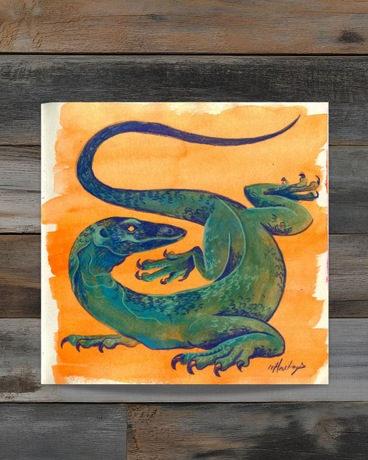Artistic depiction of a green lizard on an orange background, framed against a wooden surface.