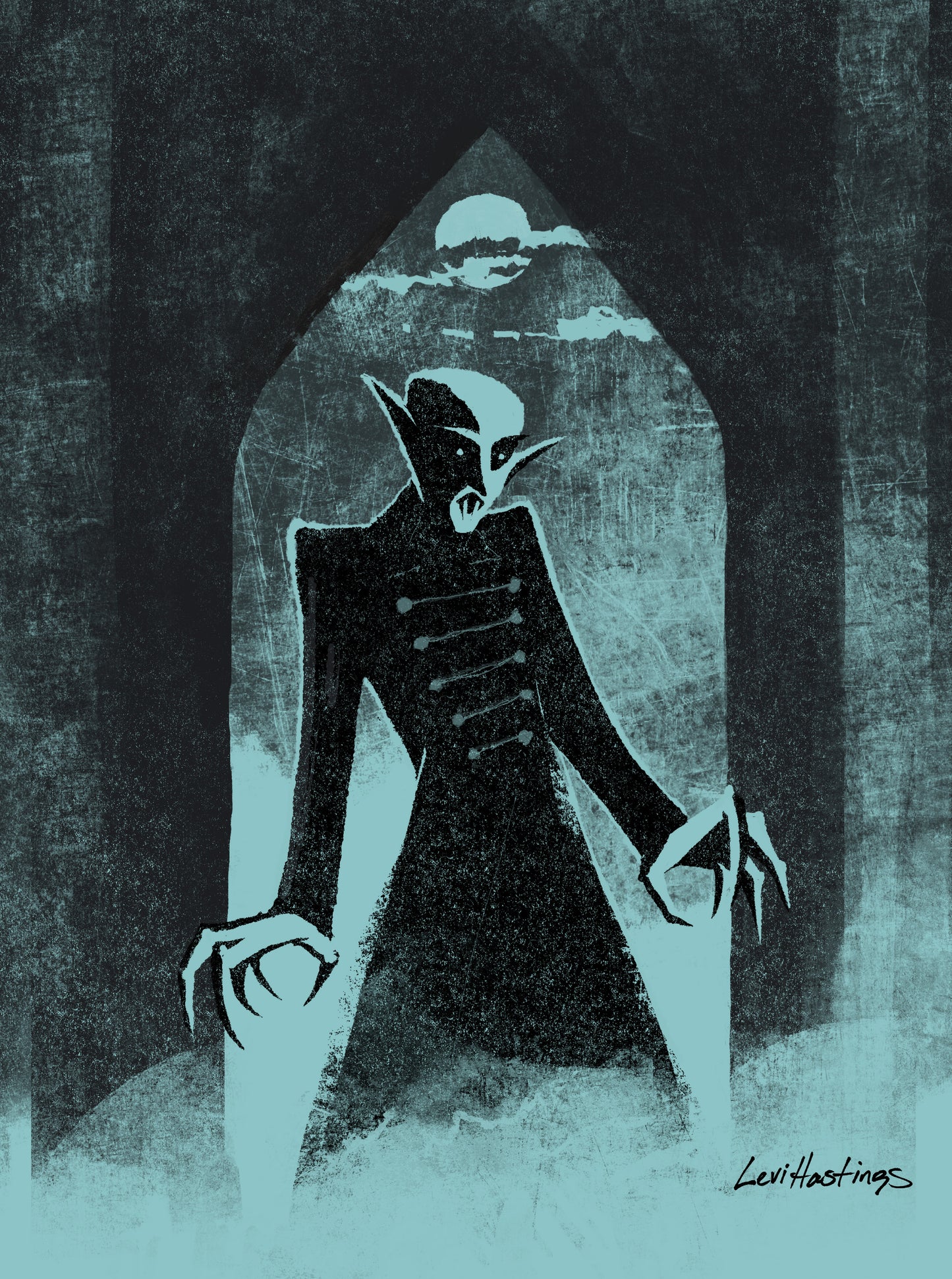 A fine art print of a character 'Nosferatu'. The image has a dark, moody tone with a ghostly figure in a archway, with a light source behind the figure creating a backlighting effect.