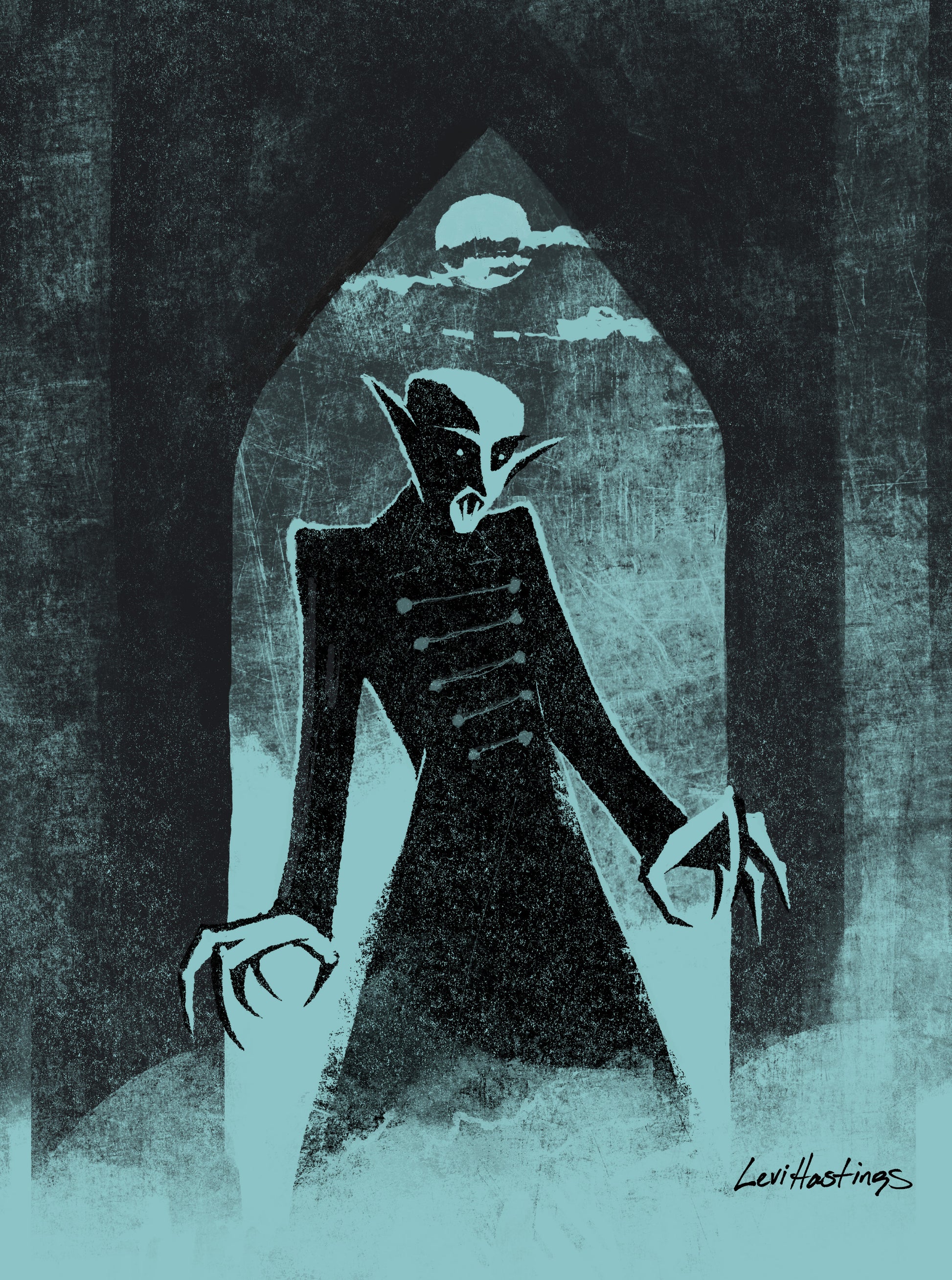 A fine art print of a character 'Nosferatu'. The image has a dark, moody tone with a ghostly figure in a archway, with a light source behind the figure creating a backlighting effect.