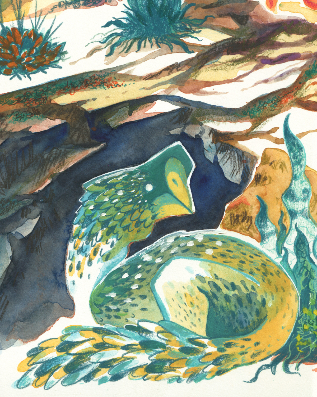 Colorful illustration of  dinosaurs in a desert-like setting with plants and rocks.