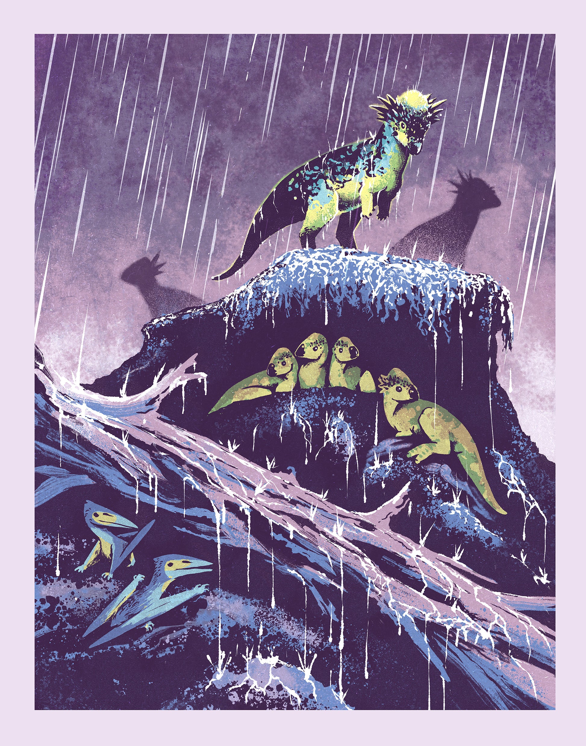 Illustrated scene of several green and blue dinosaurs (pachycephalosaurus) in a rainy landscape, with one large dinosaur standing on a ridge above smaller dinosaurs. The artwork is shown centered on a pale lavender background.