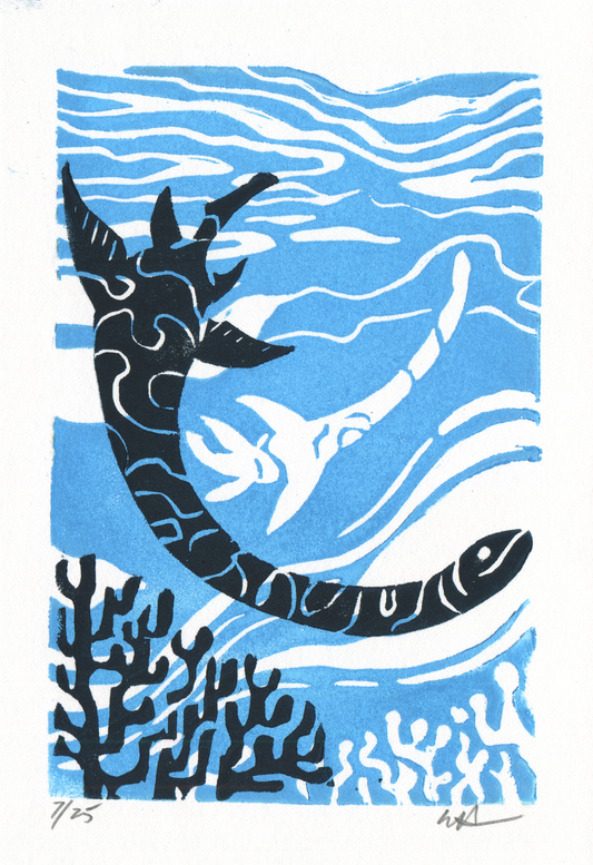 A linocut print of a Plesiosaurus swimming in an oceanic setting with blue and navy colors on fine art paper.
