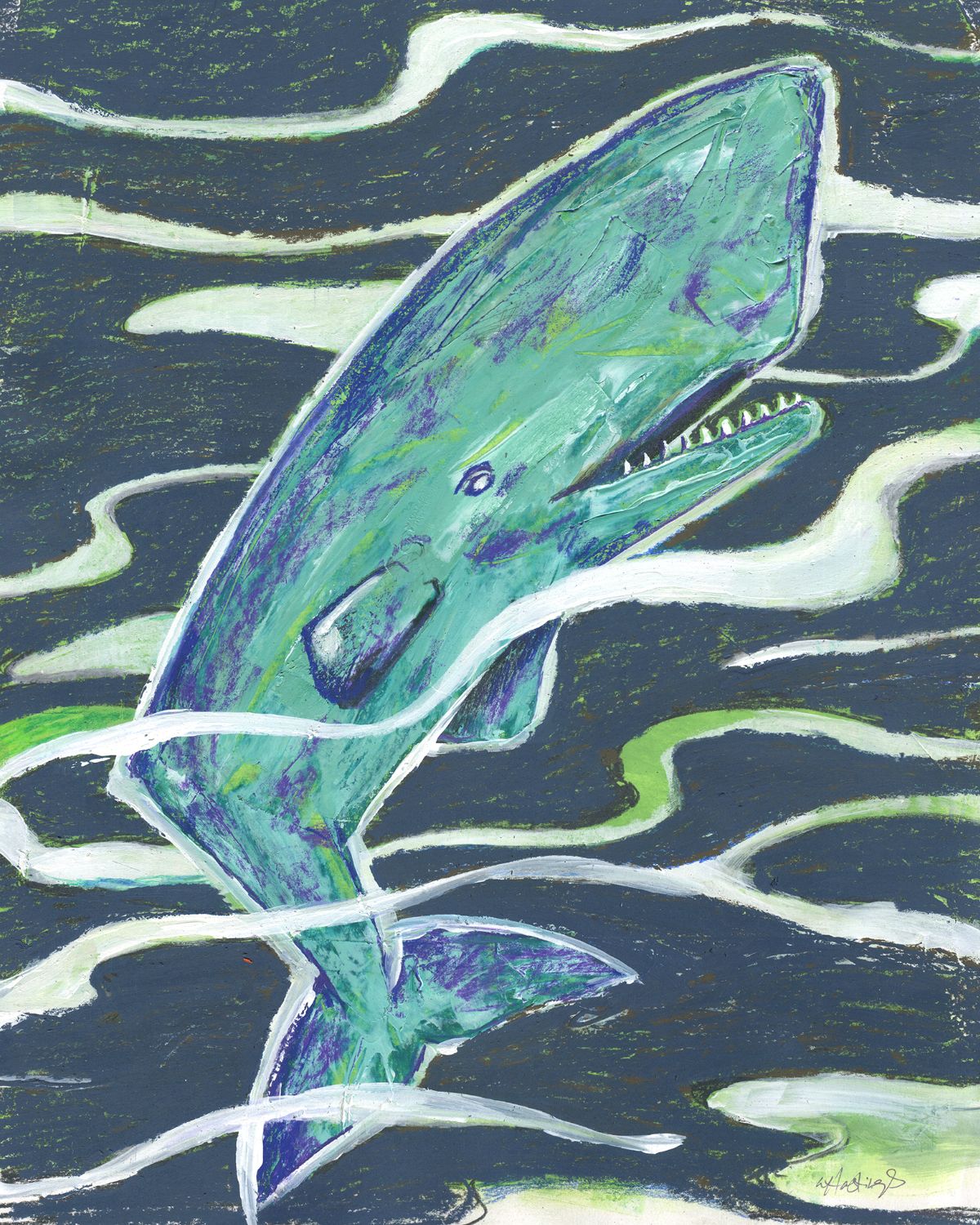 Colorful abstract painting of a sperm whale with a dark background