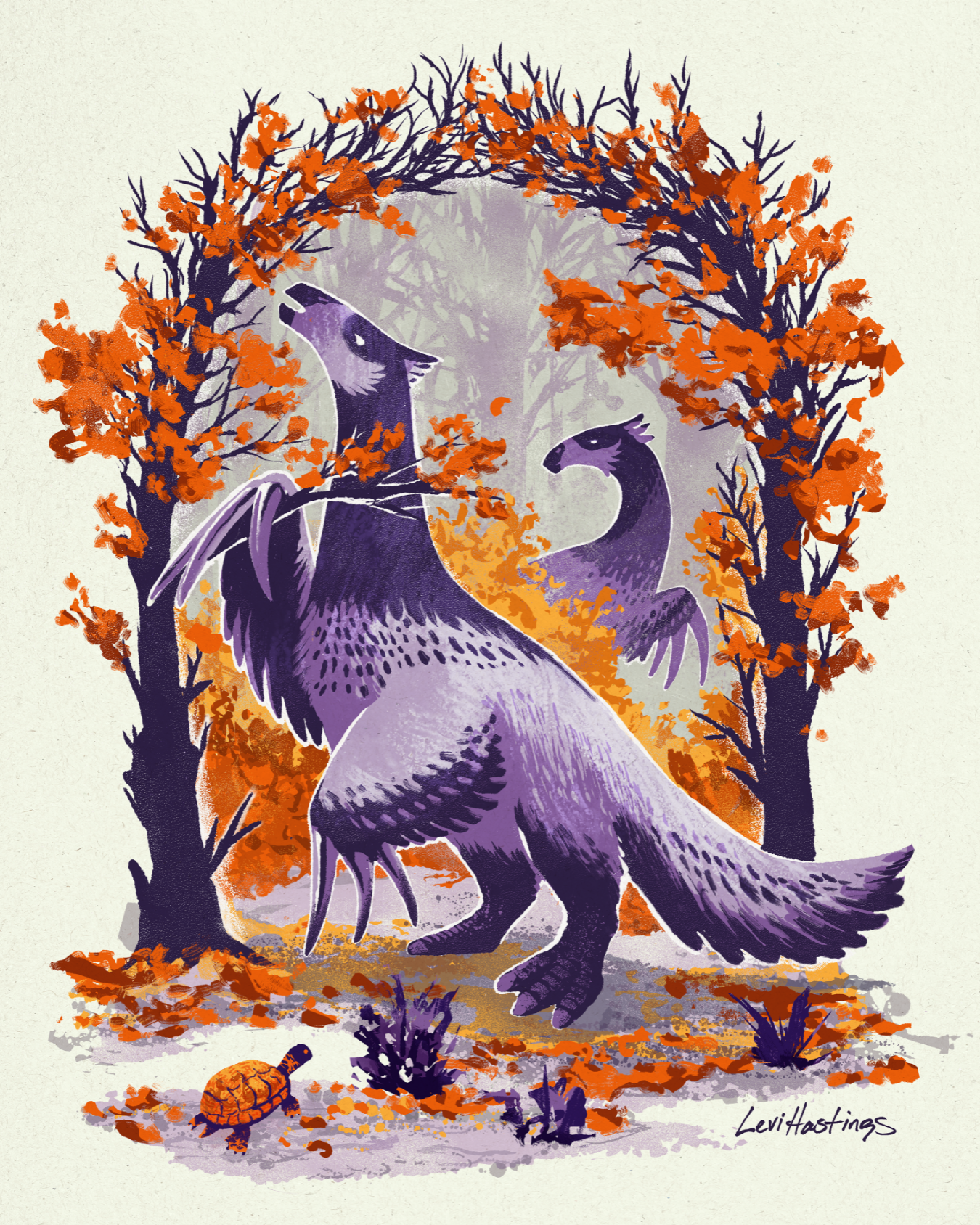 Stylized illustration of a Therazinosaurus dinosaur in an autumn forest