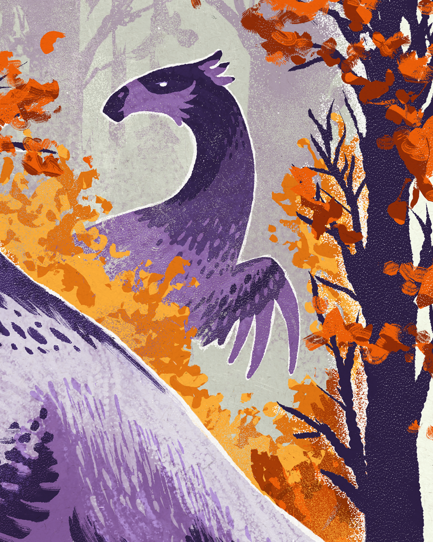 Purple dinosaur illustration with autumn trees and leaves on a light purple background