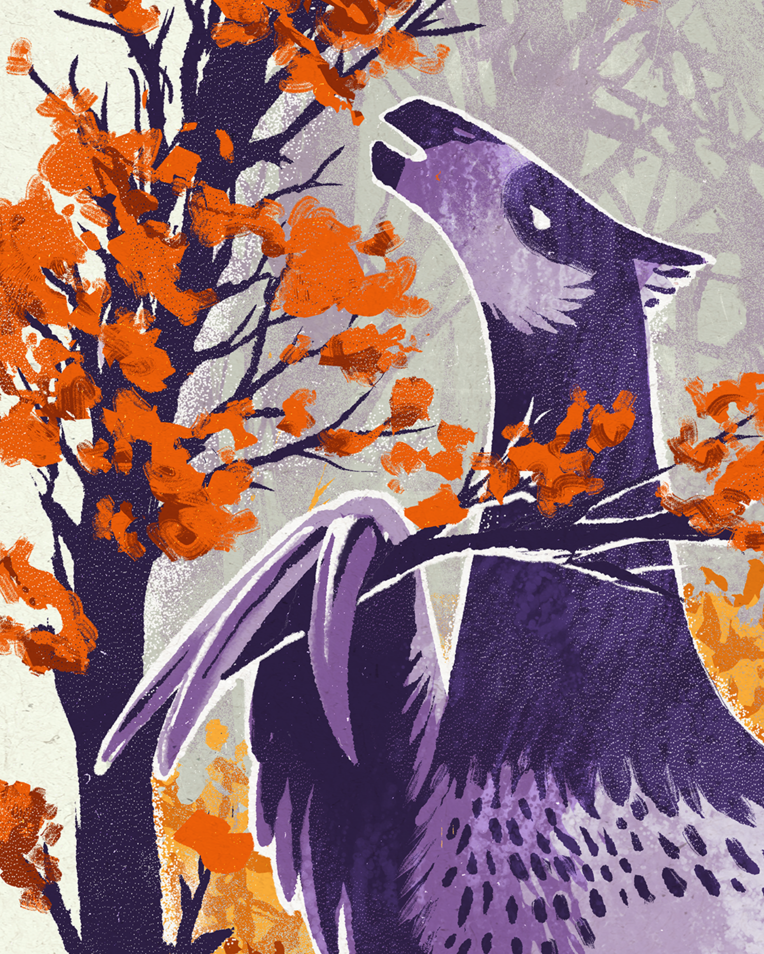 Stylized illustration of a Therazinosaurus dinosaur in an autumn forest